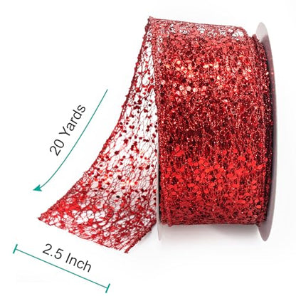 Sparkling Glitter Mesh Wired Ribbon 2.5" x 20 Yards Red for Christmas Home Decor Bow Gift Wrapping DIY Crafts Wreath (60 Foot)