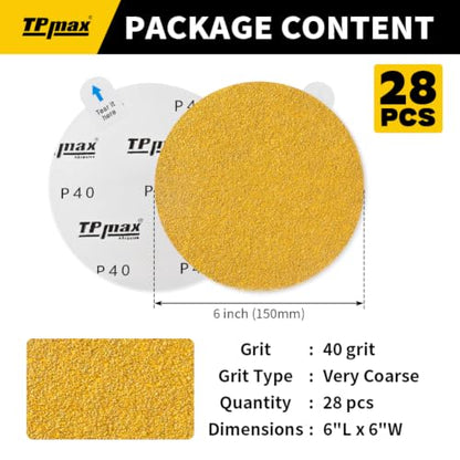 6-Inch 40-Grit Gold PSA Sanding Discs, 28 Pack – Pro-Grade Self-Adhesive Stickyback Sandpaper with Quick-Release Tabs for DA Sander, Coarse Automotive/Wood/Metal Sanding (28 Count)