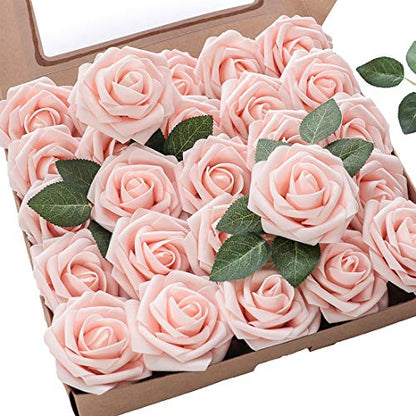 Artificial Flowers 25pcs Real Looking Blush Foam Fake Roses with Stems for DIY Wedding Bouquets Bridal Shower Centerpieces Party Decorations (25 Count)