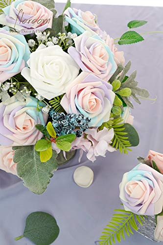 Artificial Flowers 25pcs Real Looking Whimsical Blush Foam Fake Roses with Stems for DIY Wedding Bouquets Baby Shower Centerpieces Floral Arrangements Party Tables Home Decorations (25 Count)