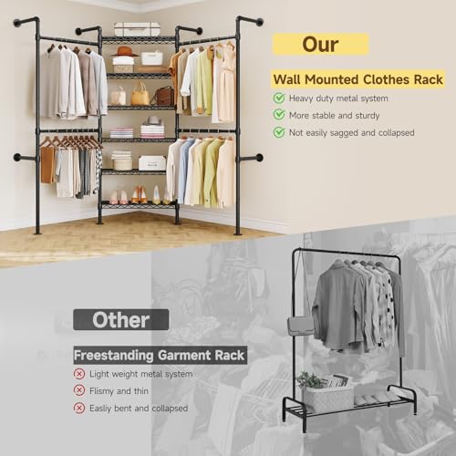 L3 Wall Mounted Metal Pipe Closet System Heavy Duty Garment Rack