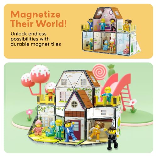 Magnet Tile Building Block Family Homestead Doll House Theme Playset 8 Character Action Figures Double Sided Magnetic Tiles Printing STEM Education Learning Kit Toy Set Kids Ages 3+ PTQ06 (5 Count)