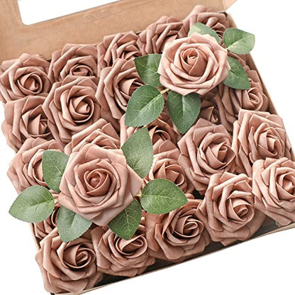 Artificial Flowers 25pcs Real Looking Warm Taupe Foam Fake Roses with Stems for DIY Wedding Bouquets Bridal Shower Centerpieces Floral Arrangements Party Tables Home Decorations (25 Count)