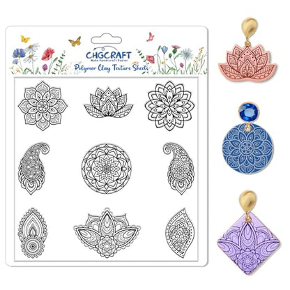 Mandala Polymer Clay Texture Sheets Single Mandala Floral Paisley Pattern Silicone Texture Stamp Clay Texture Mat Modeling Pattern Pad Sheets for Jewelry and Earrings Tools