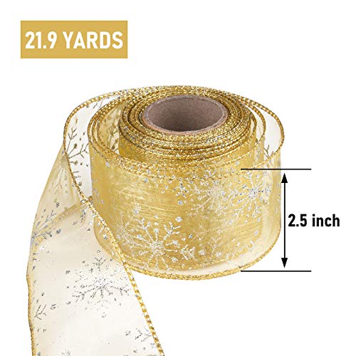 2.5 Inch Wide Christmas Wired Ribbon Snowflake Organza Sheer Glitter Ribbon for Xmas Tree (65.7 Foot)