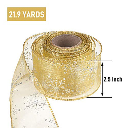 2.5 Inch Wide Christmas Wired Ribbon Snowflake Organza Sheer Glitter Ribbon for Xmas Tree (65.7 Foot)