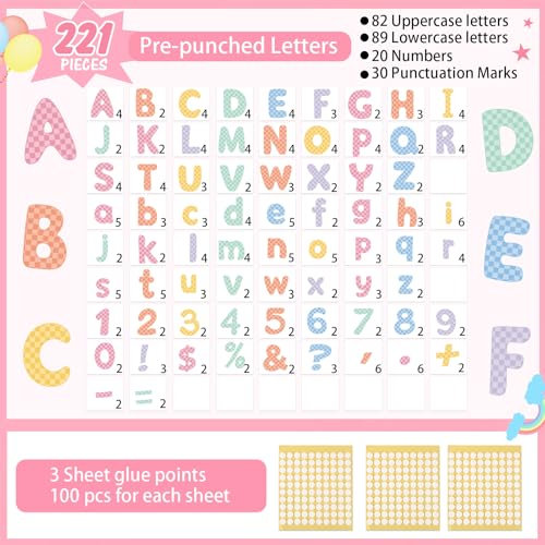 221 Pcs Pastel Checkered Bulletin Board Letters for Classroom (221 Count)