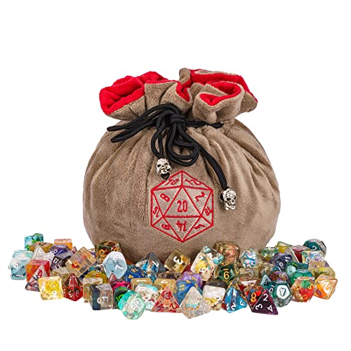 Large Dice Bag D&D with Pockets Khaki Dice Storage Bag D20 Pattern (20.4 Ounce)