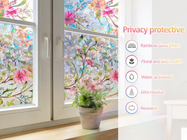 Stained Glass Window Film Rainbow Floral Static Cling Window Film Flower Window Privacy Film No Glue Decorative Window Cling UV Blocking Heat Control Glass Windows Stickers