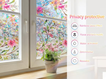 Stained Glass Window Film Rainbow Floral Static Cling Window Film Flower Window Privacy Film No Glue Decorative Window Cling UV Blocking Heat Control Glass Windows Stickers
