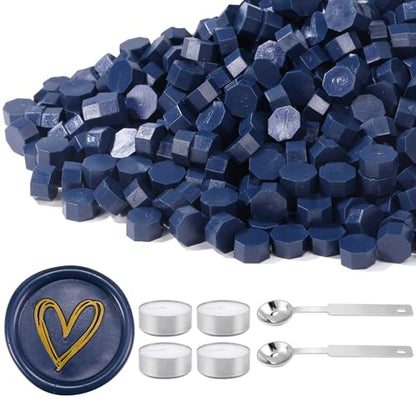 360Pcs Navy Blue Sealing Wax Beads with 2 Spoons and 4 Tea Candles for Wax Seal Stamps (360 Count)