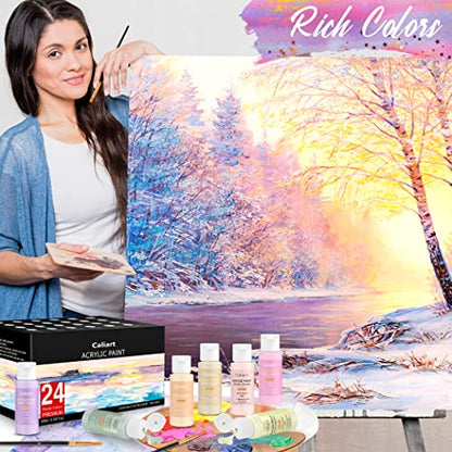 24 Colors Pastel Acrylic Paint Set with 12 Brushes (48 Fl Oz)
