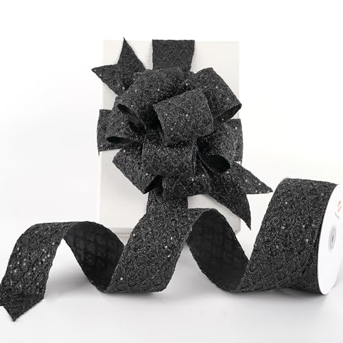 Glitter Black Diamond Wired Christmas Ribbon 2.5 inch x 10 Yards (30 Foot)