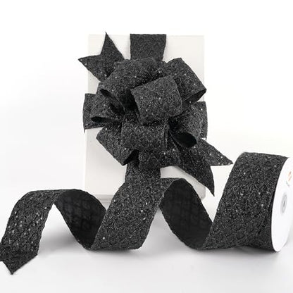 Glitter Black Diamond Wired Christmas Ribbon 2.5 inch x 10 Yards (30 Foot)