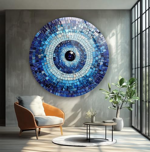 39,4''(100cm) Diameter Blue Mosaic Evil Eye Round Glass Wall Art Tempered Glass Printing Wall Decor Large Wall Art Wall Hangings