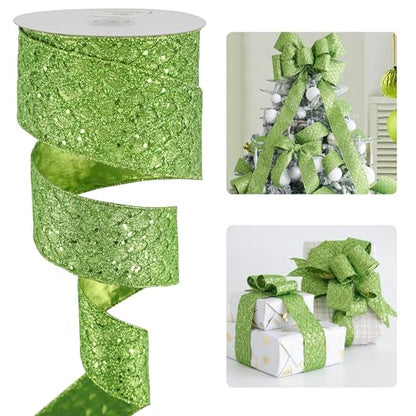 Lime Green Glitter Wired Christmas Ribbon 2.5 inch x 10 Yards (30 Foot)