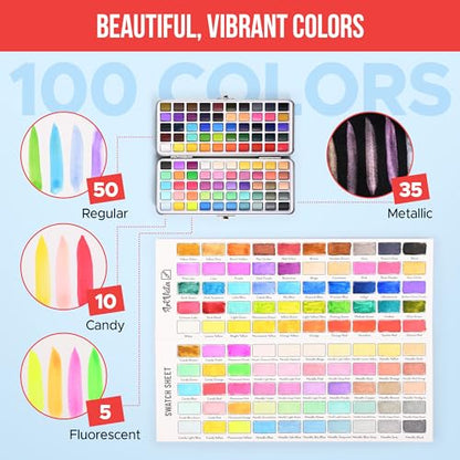 Premium Watercolor Paint Set Bundle with 100 Vibrant Colors for Adults