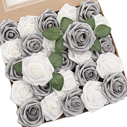 Artificial Flowers 50pcs Real Looking Shimmer Silver Grey Foam Fake Roses with Stems for DIY Christmas Tree Xmas Wedding Bouquets Party Tables Centerpieces Floral Arrangements Home Decor (50 Count)