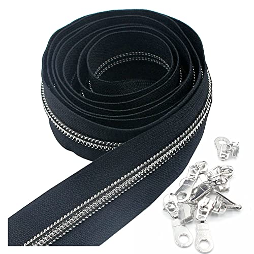5 Silver Metallic Nylon Coil Zippers by The Yard Bulk 10 Yards Zipper Tape with 25pcs Silver Sliders for DIY Sewing Tailor Craft Bag