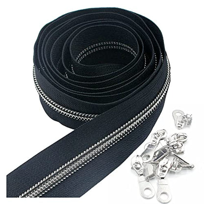 5 Silver Metallic Nylon Coil Zippers by The Yard Bulk 10 Yards Zipper Tape with 25pcs Silver Sliders for DIY Sewing Tailor Craft Bag