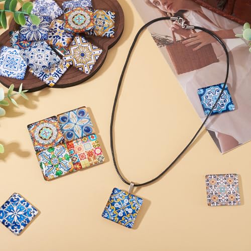 20Pcs 30mm Square Glass Cabochons Flower Printed Mosaic Tile Glass Cabochon Vintage Flower Floor Dome Cabochon for Photo Pendant Earrings Necklace Bracelet Keychain Rings Jewelry Making
