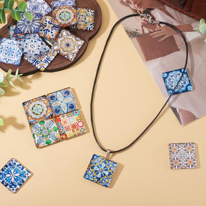 20Pcs 30mm Square Glass Cabochons Flower Printed Mosaic Tile Glass Cabochon Vintage Flower Floor Dome Cabochon for Photo Pendant Earrings Necklace Bracelet Keychain Rings Jewelry Making