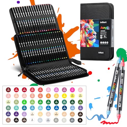 60 Colors Dual Tip Acrylic Paint Markers Automatic Ink Control Acrylic Paint Pens (60 Count)