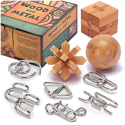 Brain Teasers Metal and Wooden Puzzles for Kids and Adults 9 Pack (9 Count)