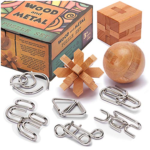 Brain Teasers Metal and Wooden Puzzles for Kids and Adults 9 Pack (9 Count)