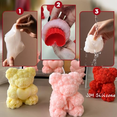 3D Bowtie Rose Teddy Bear Silicone Candle Mold for DIY Soap & Resin Crafts