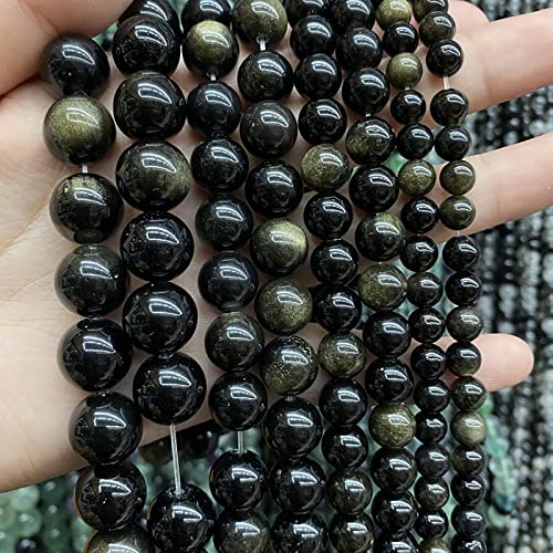 AAA Natural Gold Obsidian Gemstone Beads Energy Healing Power Stones Round Loose Beads for Jewelry Making (16 Count)