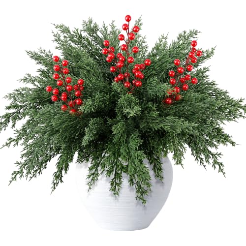 10 Pcs 16.5" Christmas Artificial Pine Branches with Red Berry Stems (10 Count)