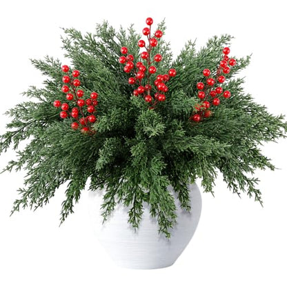 10 Pcs 16.5" Christmas Artificial Pine Branches with Red Berry Stems (10 Count)