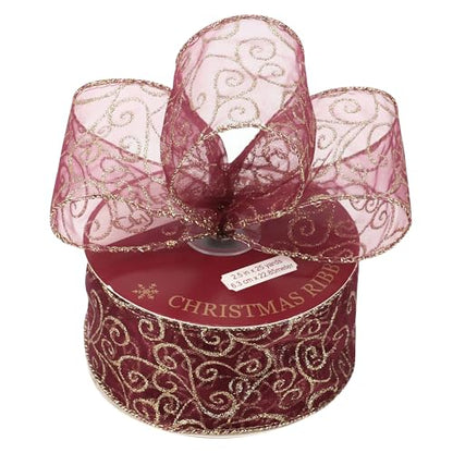 Red Gold Swirl Wired Ribbon 2.5 Inch Dark Red Sheer Ribbon with Gold Swirl Glitter Wired Organza Ribbons 25 Yards Burgundy Sheer Christmas Ribbons for Christmas Tree (75 Foot)