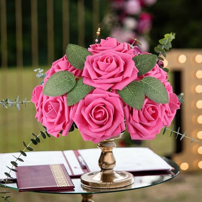 Hot Pink Rose 25pcs Real Looking Artificial Flowers w