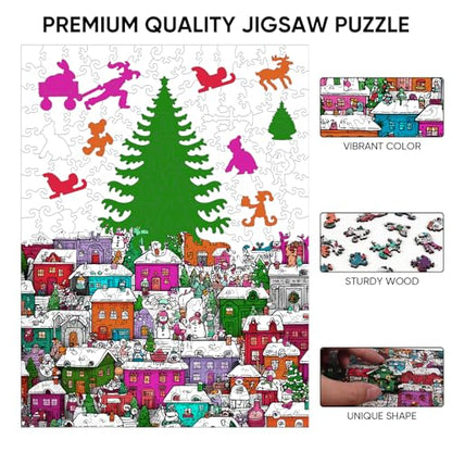 Snowman Village Wooden Puzzle 200pcs Unique Shaped Jigsaw Gift (200 Count)