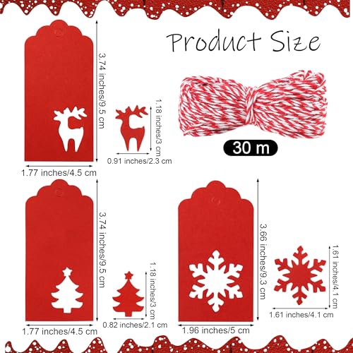 150 Pieces Christmas Paper Gift Tags Red Kraft Tags Hang Labels Christmas Tree Snowflake Reindeer Design with 30 Meters Twine for Christmas DIY Wrapping Favor Holiday Present