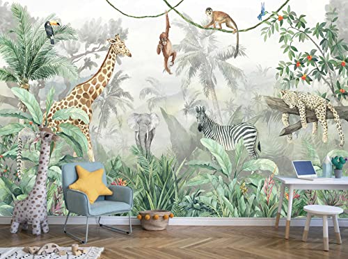 Kids Wallpaper Tropical Leves and Safari Animals (162.5 Sq Ft)