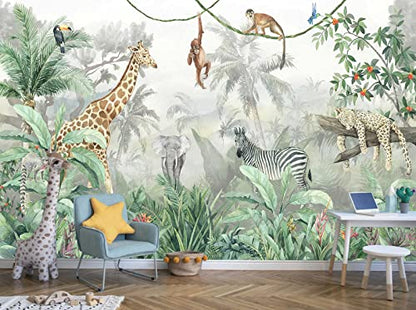 Kids Wallpaper Tropical Leves and Safari Animals (162.5 Sq Ft)