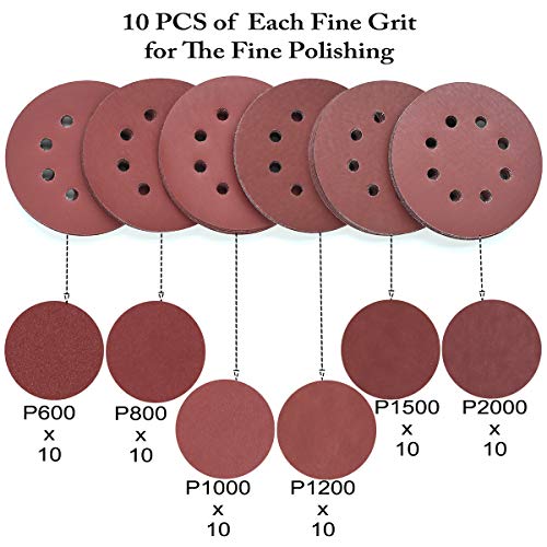 5-Inch 8-Hole Hook & Loop Sanding Discs 600-2000 Mixed Grit, 60-Pack (60 Count)