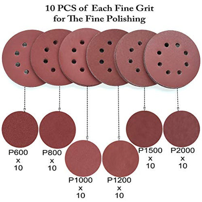 5-Inch 8-Hole Hook & Loop Sanding Discs 600-2000 Mixed Grit, 60-Pack (60 Count)