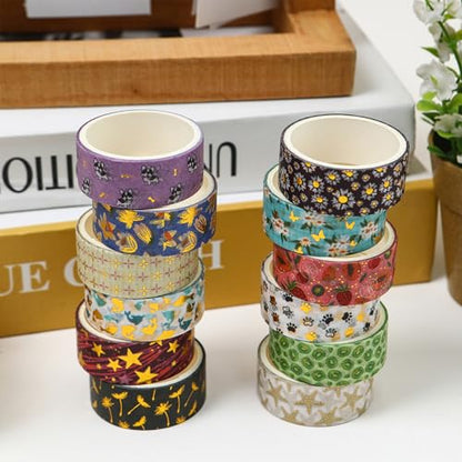 12 Rolls Charming Washi Tape Set Gold Silver Foil Detailing Arts Adhesive Tapes Basic Patterns Decorative Masking Tape Sets for Craft (12 Count)
