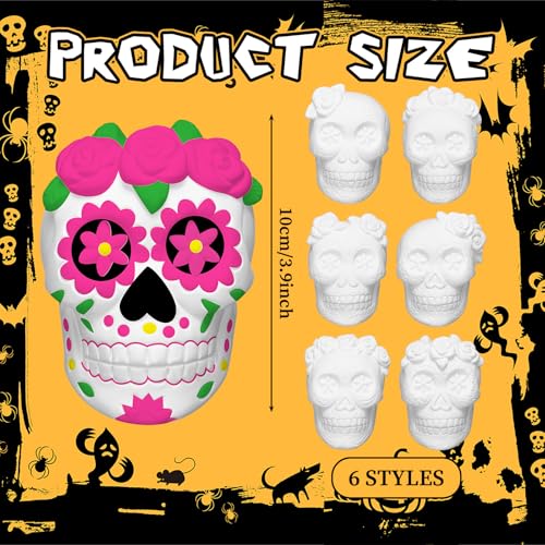 12 Sets Flower Skull Ceramic Figures Unpainted DIY Halloween Kit