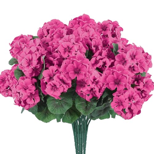 12 Pcs Artificial Geranium Flowers for Outdoors Geranium Silk Flowers Outdoor UV Resistant Garden Plants Faux Flowers for Home Kitchen Table Centerpieces Decor