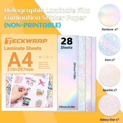 Holographic Laminate Sheets for Stickers Self Adhesive Vinyl Laminating Sheets Holographic Sticker Paper Clear Vinyl for Inkjet Printer 8.26" x 11.69" A4 28 Sheets