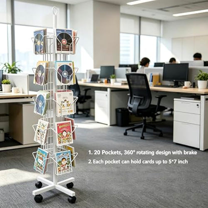 White Greeting Card Display Rack Rotating Flyer Stand 20 Pocket