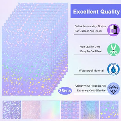 36 Sheets Holographic Sticker Paper A4 Vinyl Holographic Laminate Sheets Self Adhesive Waterproof Transparent Film (36 Count)