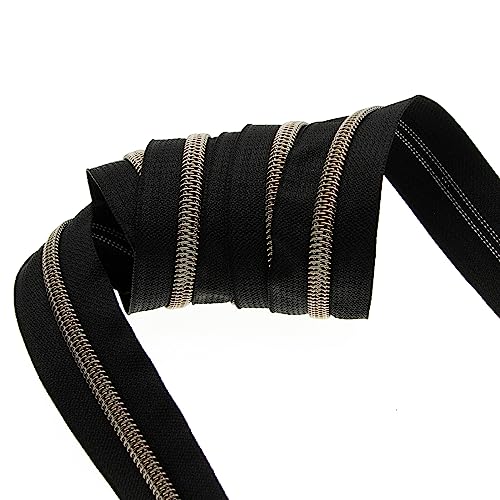 5# Black Nylon Zipper Tape Brass Teeth 10 Yards Continuous Zipper with 25 pcs Ring Pull Silders Bulk