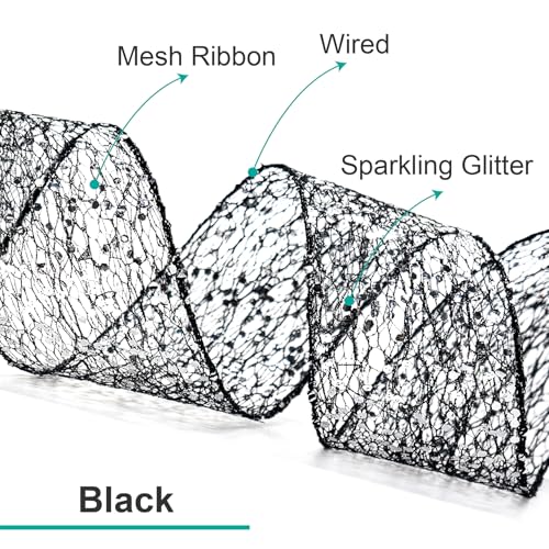 Sparkling Glitter Mesh Wired Ribbon 6" x 10 Yards Black for Christmas Home Decor Bow Gift Wrapping DIY Crafts Wreath (30 Foot)