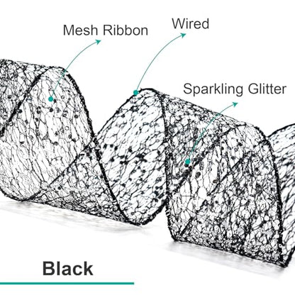 Sparkling Glitter Mesh Wired Ribbon 6" x 10 Yards Black for Christmas Home Decor Bow Gift Wrapping DIY Crafts Wreath (30 Foot)